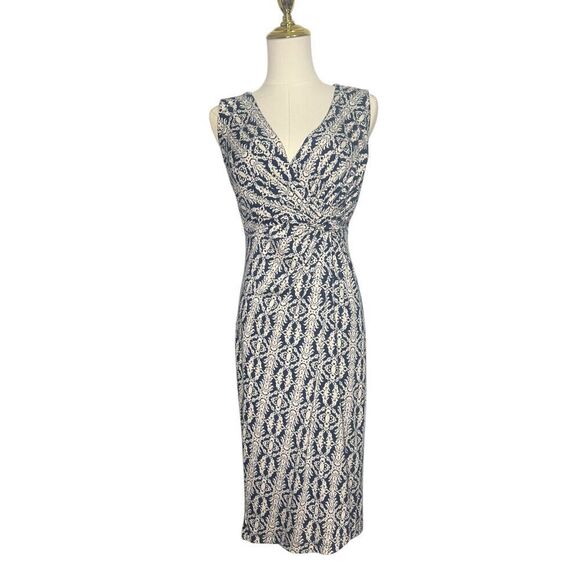 Jigsaw Women’s Small Luxury Midi Dress Blue White Twist Front V-Neck - Picture 1 of 8
